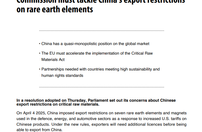 歐洲議會大比數通過決議批「中國壟斷稀土」 中方這樣回嗆